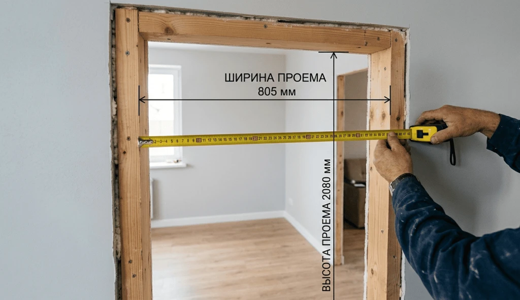 Дверной проём с рулеткой и разметкой размеров Дверной проём с рулеткой и разметкой размеров
